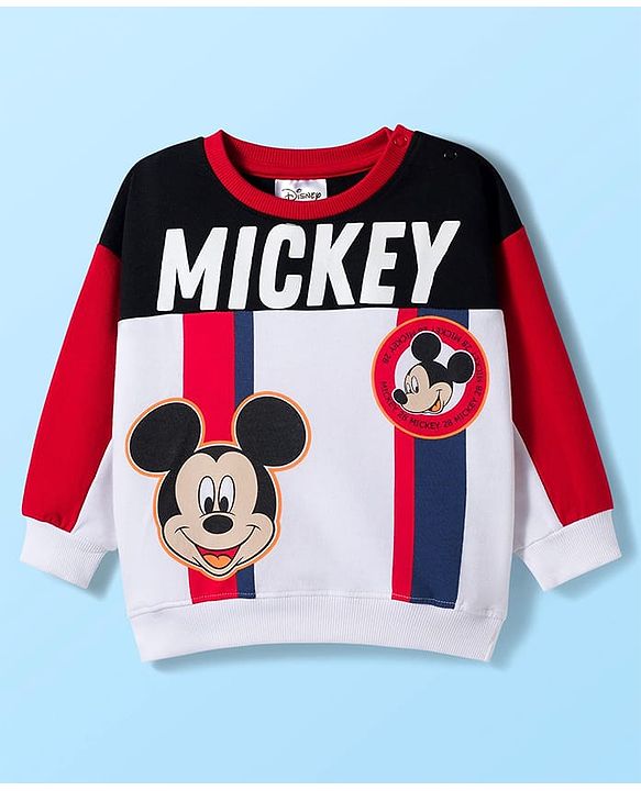 Babyhug Disney Terry Knit Drop Shoulder Full Sleeves Cut & Sew Sweatshirt With Front & Back Mickey Graphics & Badge Detailing - Multicolor