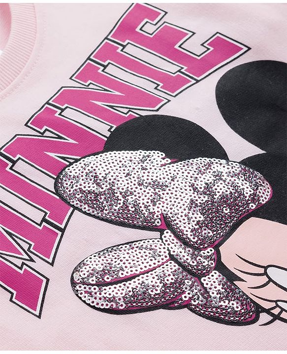 Babyhug Disney Terry Knit Drop Shoulder Full Sleeves Cut & Sew Sweatshirt with Minnie Mouse Graphic & Sequin Detailing - Pink