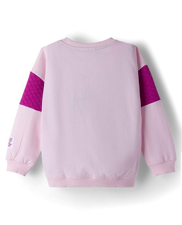 Babyhug Disney Terry Knit Drop Shoulder Full Sleeves Cut & Sew Sweatshirt with Minnie Mouse Graphic & Sequin Detailing - Pink