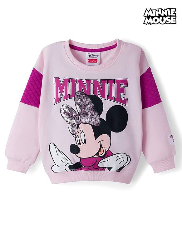 Babyhug Disney Terry Knit Drop Shoulder Full Sleeves Cut & Sew Sweatshirt with Minnie Mouse Graphic & Sequin Detailing - Pink