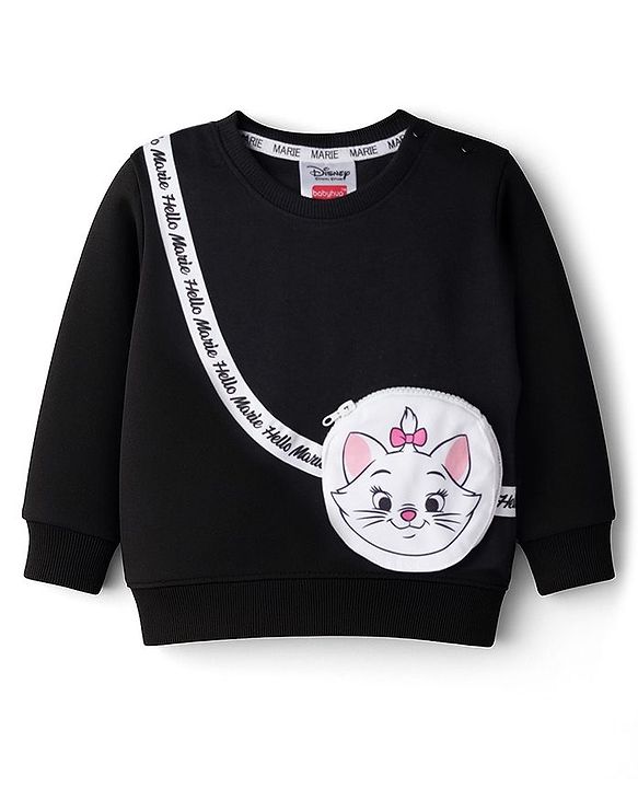 Babyhug Disney Terry Knit Drop Shoulder Full Sleeves Sweatshirt with Marie Graphic with Foil Print & Bag Detailing - Black