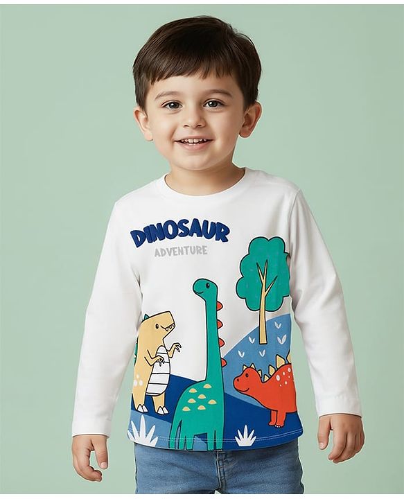 Babyhug 100% Cotton Knit Full Sleeves T-Shirt with Dino Print - White