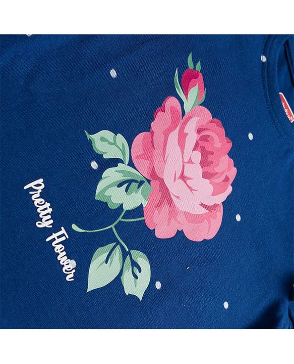 Babyhug 100% Cotton Knit Full Sleeves T-Shirt with Floral Print & Frill Detailing - Navy Blue
