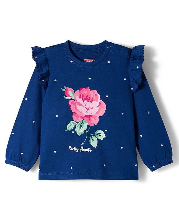Babyhug 100% Cotton Knit Full Sleeves T-Shirt with Floral Print & Frill Detailing - Navy Blue