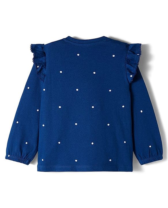 Babyhug 100% Cotton Knit Full Sleeves T-Shirt with Floral Print & Frill Detailing - Navy Blue