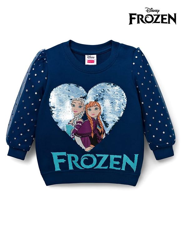 Babyhug Disney Terry Knit Full Sleeves Drop Shoulder Sweatshirt With Disney Princess Graphics Mesh & Sequin Detailing - Navy Blue