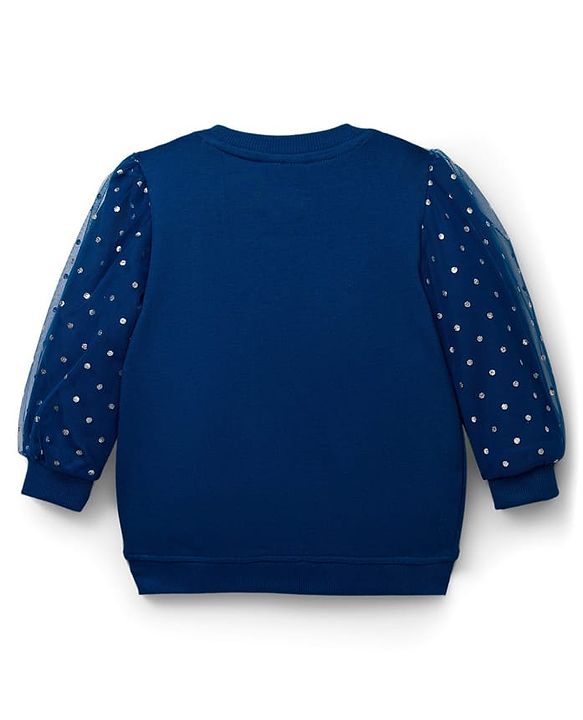 Babyhug Disney Terry Knit Full Sleeves Drop Shoulder Sweatshirt With Disney Princess Graphics Mesh & Sequin Detailing - Navy Blue
