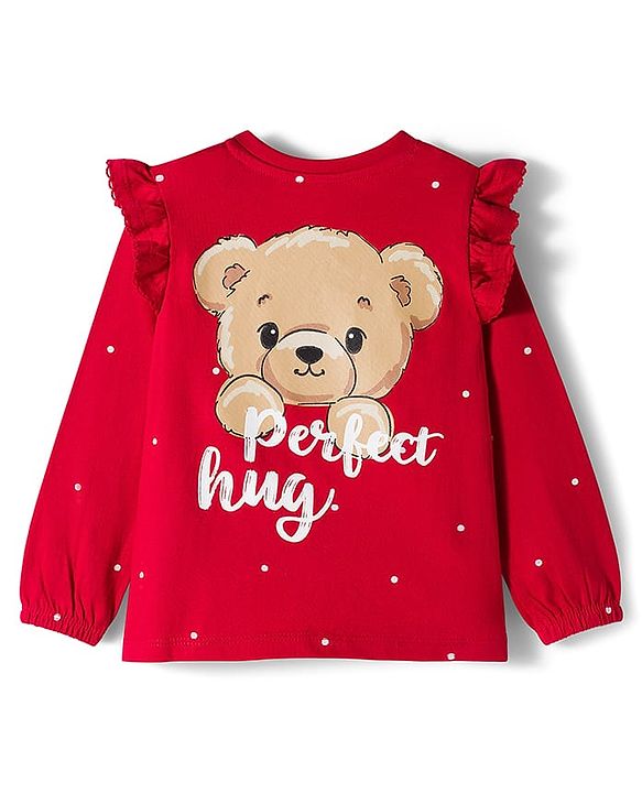 Babyhug 100% Cotton Knit Full Sleeves T-Shirts with Front & Back Bear Print & Frill Detailing - Red