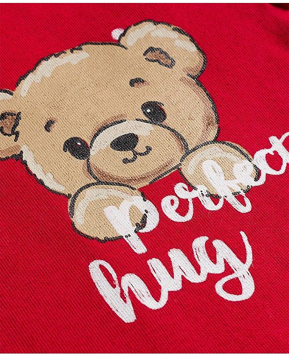 Babyhug 100% Cotton Knit Full Sleeves T-Shirts with Front & Back Bear Print & Frill Detailing - Red