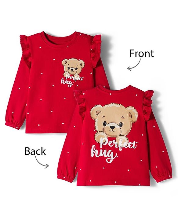 Babyhug 100% Cotton Knit Full Sleeves T-Shirts with Front & Back Bear Print & Frill Detailing - Red