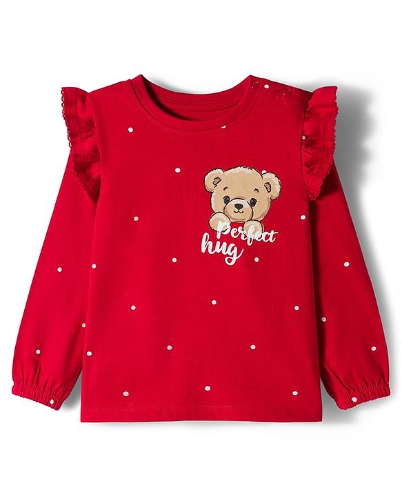 Babyhug 100% Cotton Knit Full Sleeves T-Shirts with Front & Back Bear Print & Frill Detailing - Red