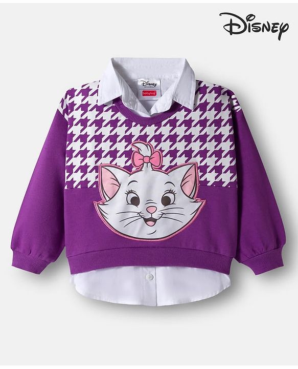 Babyhug Disney Terry Knit Full Sleeves Drop Shoulder Sweatshirt with Attached Inner Shirt & Marie Graphics - Purple