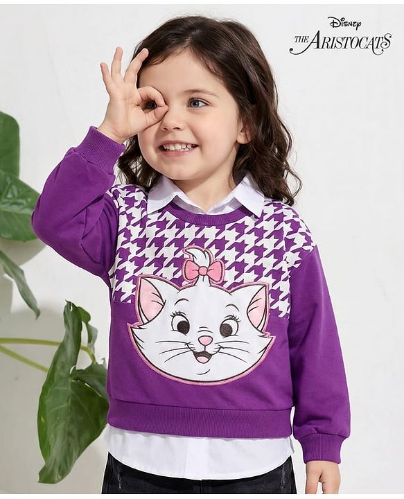 Babyhug Disney Terry Knit Full Sleeves Drop Shoulder Sweatshirt with Attached Inner Shirt & Marie Graphics - Purple