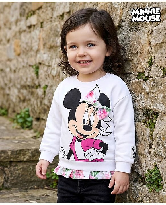 Babyhug Disney Terry Knit Full Sleeves Drop Shoulder Sweatshirt with Minnie Mouse Graphics Frill & Badge Detailing - White