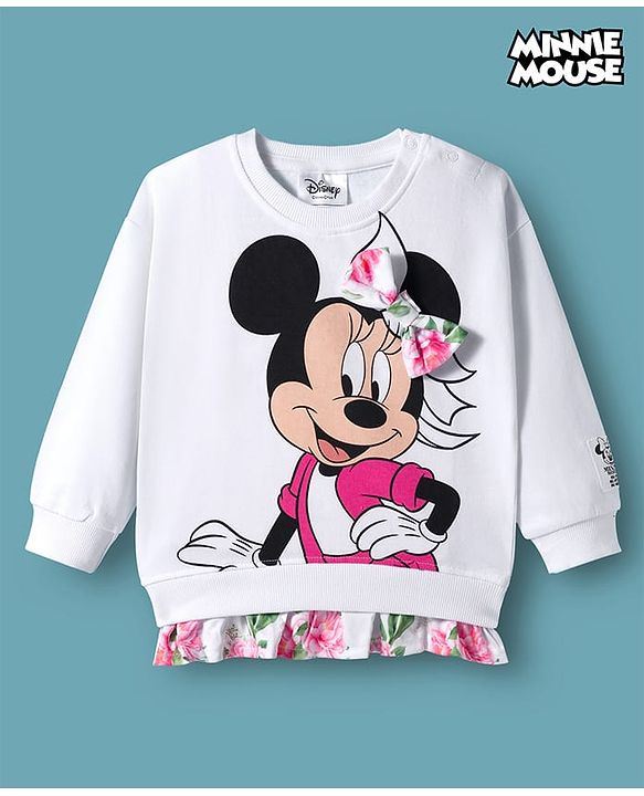 Babyhug Disney Terry Knit Full Sleeves Drop Shoulder Sweatshirt with Minnie Mouse Graphics Frill & Badge Detailing - White