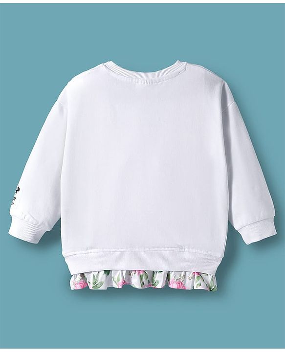 Babyhug Disney Terry Knit Full Sleeves Drop Shoulder Sweatshirt with Minnie Mouse Graphics Frill & Badge Detailing - White