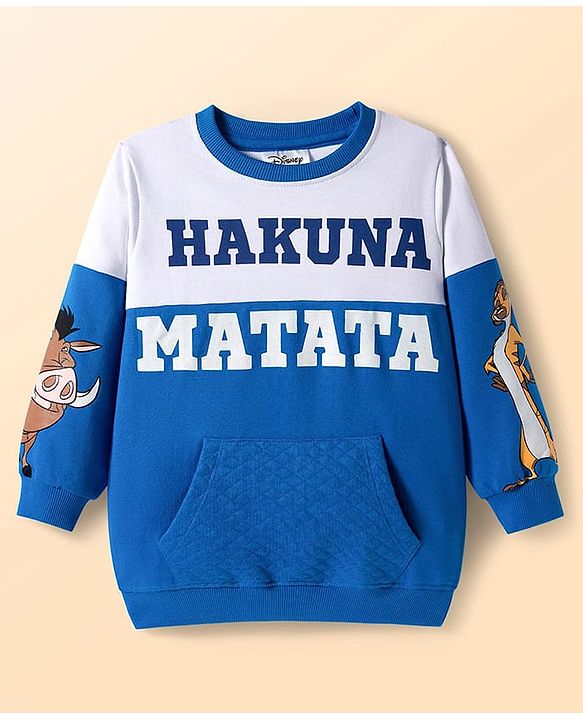Babyhug Disney Terry Knit Drop Shoulder Cut & Sew Sweatshirt with Lion King Graphics and Quiltted Kangaroo Pocket - Blue & White