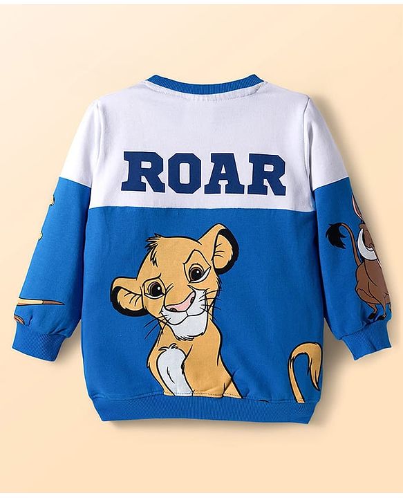 Babyhug Disney Terry Knit Drop Shoulder Cut & Sew Sweatshirt with Lion King Graphics and Quiltted Kangaroo Pocket - Blue & White