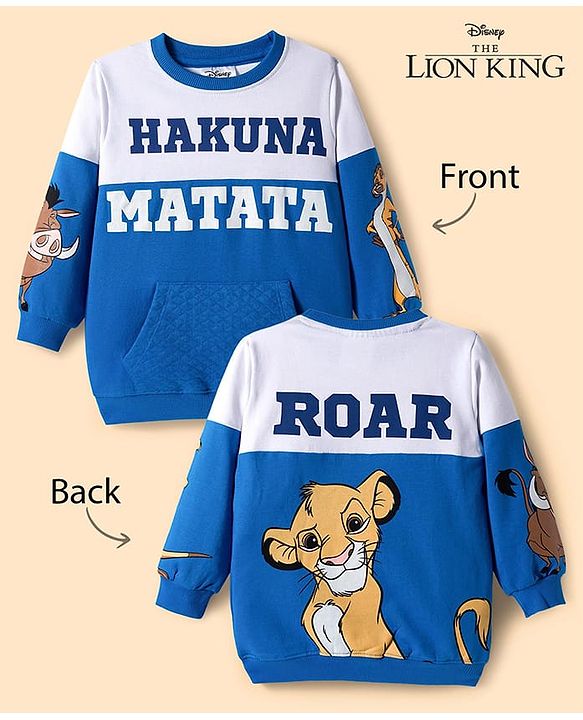 Babyhug Disney Terry Knit Drop Shoulder Cut & Sew Sweatshirt with Lion King Graphics and Quiltted Kangaroo Pocket - Blue & White