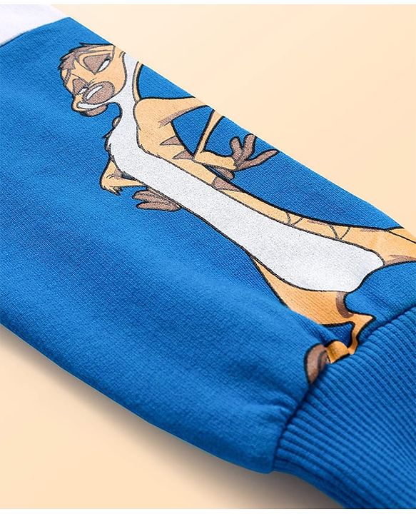 Babyhug Disney Terry Knit Drop Shoulder Cut & Sew Sweatshirt with Lion King Graphics and Quiltted Kangaroo Pocket - Blue & White