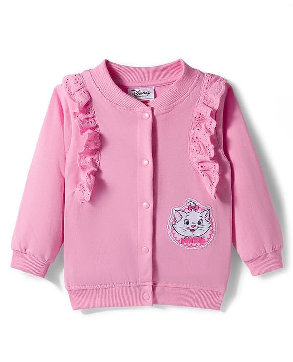 Babyhug Disney Terry Knit Full Frill Sleeves Sweatjacket With Marie Badge Detailing - Pink