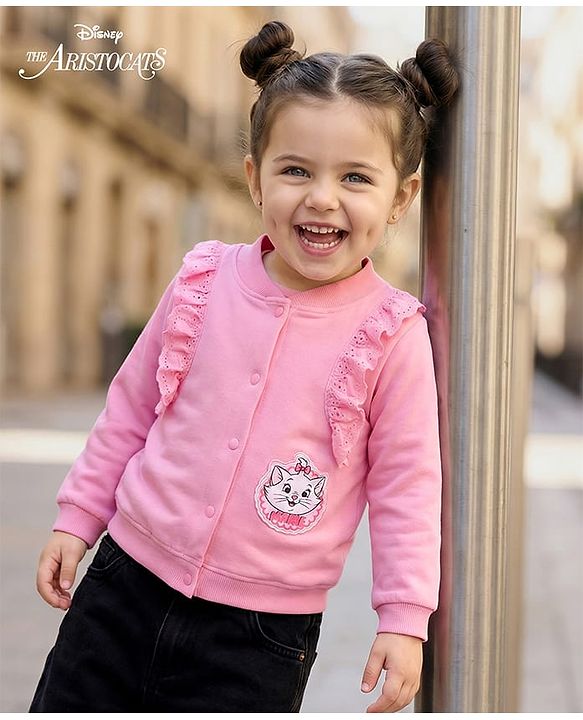 Babyhug Disney Terry Knit Full Frill Sleeves Sweatjacket With Marie Badge Detailing - Pink