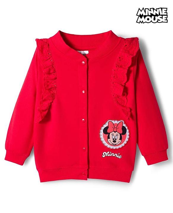 Babyhug Disney Terry Knit Full Sleeves Sweatshirt With Minnie Mouse Badge Detailing and Frill Detailing - Red