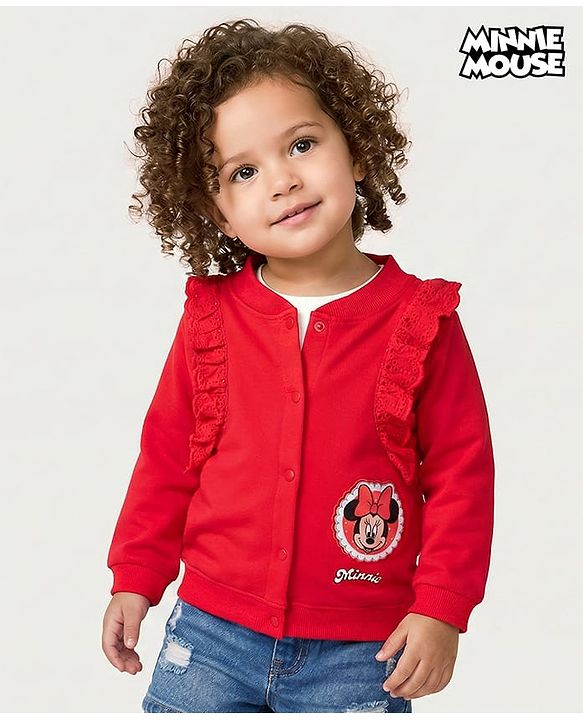 Babyhug Disney Terry Knit Full Sleeves Sweatshirt With Minnie Mouse Badge Detailing and Frill Detailing - Red