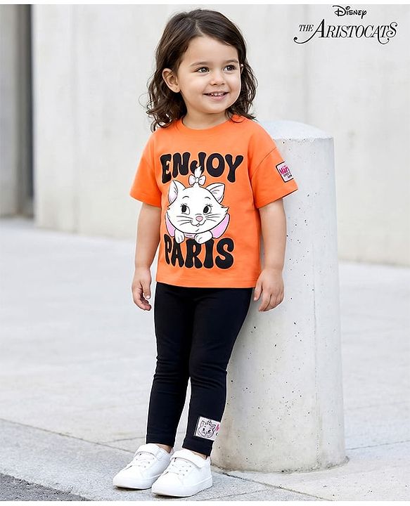Babyhug Disney Single Jersey Knit Half Sleeves T-Shirt and Leggings with Marrie Graphic Badge Detailing - Orange & Black