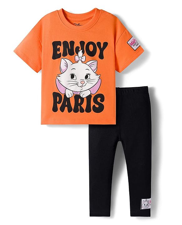 Babyhug Disney Single Jersey Knit Half Sleeves T-Shirt and Leggings with Marrie Graphic Badge Detailing - Orange & Black