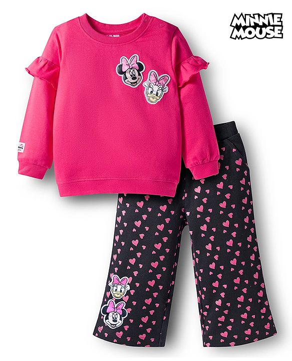 Babyhug Disney Terry Knit Drop Shoulder Sleeves Sweatshirt & Trackpant Set with Minnie & Friends Graphics & Frills & Badge Detailing - Dark Pink & Black
