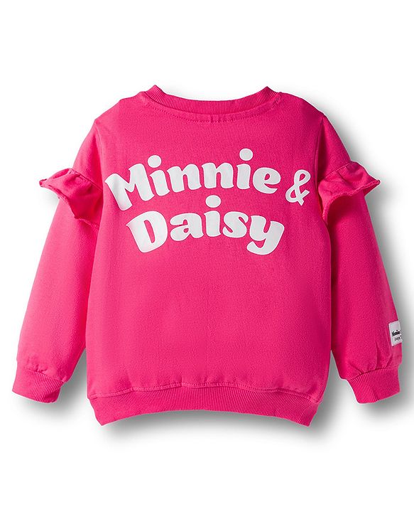 Babyhug Disney Terry Knit Drop Shoulder Sleeves Sweatshirt & Trackpant Set with Minnie & Friends Graphics & Frills & Badge Detailing - Dark Pink & Black