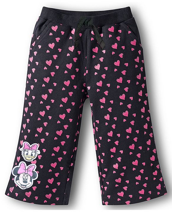 Babyhug Disney Terry Knit Drop Shoulder Sleeves Sweatshirt & Trackpant Set with Minnie & Friends Graphics & Frills & Badge Detailing - Dark Pink & Black