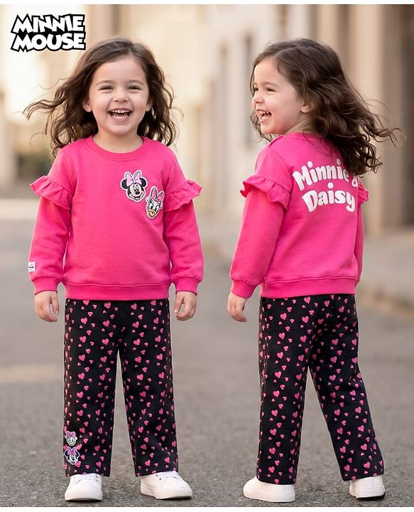 Babyhug Disney Terry Knit Drop Shoulder Sleeves Sweatshirt & Trackpant Set with Minnie & Friends Graphics & Frills & Badge Detailing - Dark Pink & Black