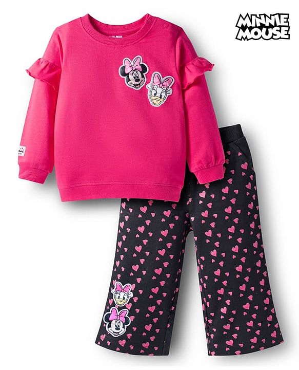 Babyhug Disney Terry Knit Drop Shoulder Sleeves Sweatshirt & Trackpant Set with Minnie & Friends Graphics & Frills & Badge Detailing - Dark Pink & Black