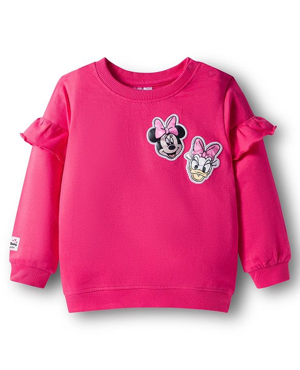 Babyhug Disney Terry Knit Drop Shoulder Sleeves Sweatshirt & Trackpant Set with Minnie & Friends Graphics & Frills & Badge Detailing - Dark Pink & Black