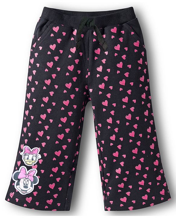 Babyhug Disney Terry Knit Drop Shoulder Sleeves Sweatshirt & Trackpant Set with Minnie & Friends Graphics & Frills & Badge Detailing - Dark Pink & Black