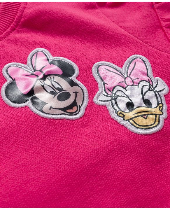 Babyhug Disney Terry Knit Drop Shoulder Sleeves Sweatshirt & Trackpant Set with Minnie & Friends Graphics & Frills & Badge Detailing - Dark Pink & Black
