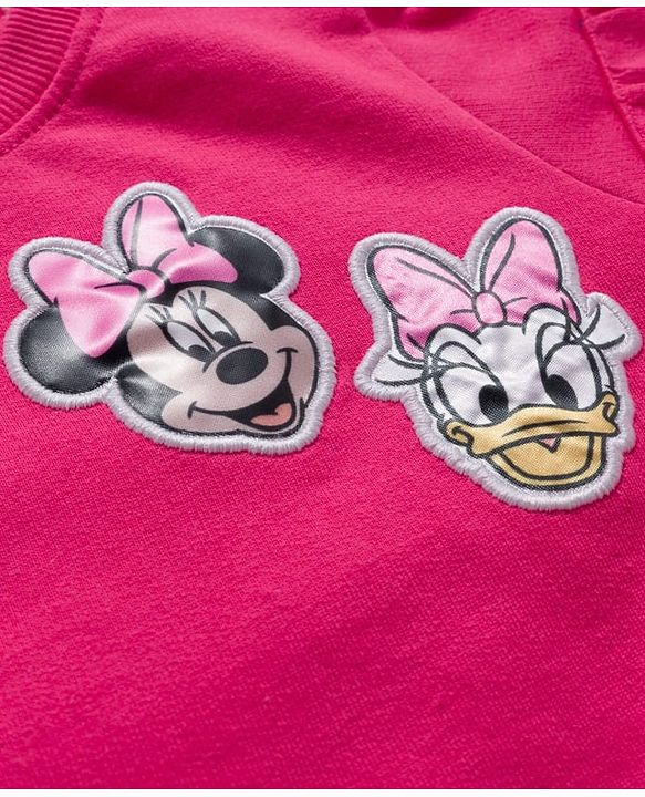Babyhug Disney Terry Knit Drop Shoulder Sleeves Sweatshirt & Trackpant Set with Minnie & Friends Graphics & Frills & Badge Detailing - Dark Pink & Black