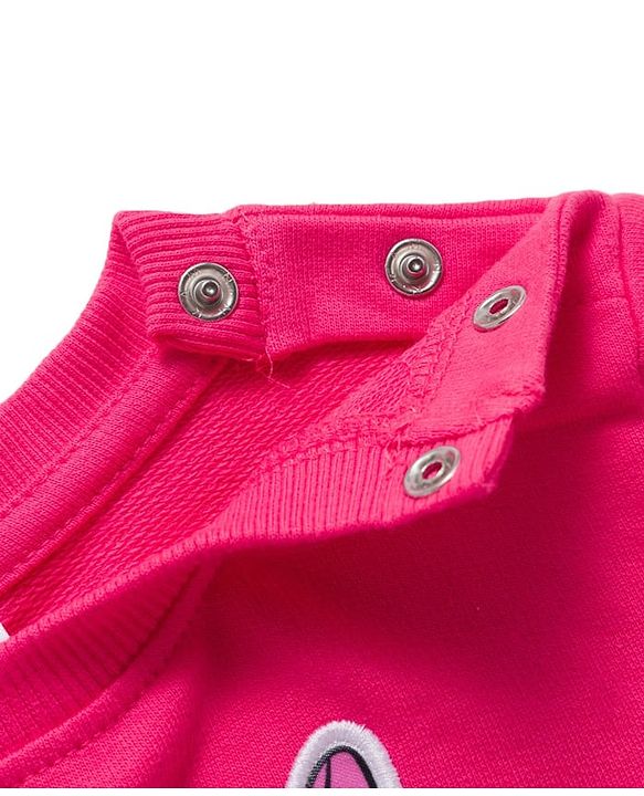 Babyhug Disney Terry Knit Drop Shoulder Sleeves Sweatshirt & Trackpant Set with Minnie & Friends Graphics & Frills & Badge Detailing - Dark Pink & Black
