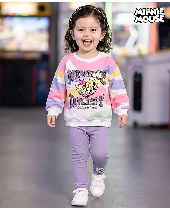 Babyhug Disney Terry Knit  Drop Shoulder Full Sleeves Sweatshirt and Leggings with Minnie & Friend Graphic Badge Detailing - Lilac