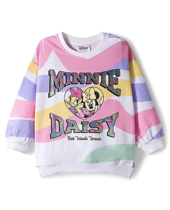 Babyhug Disney Terry Knit  Drop Shoulder Full Sleeves Sweatshirt and Leggings with Minnie & Friend Graphic Badge Detailing - Lilac