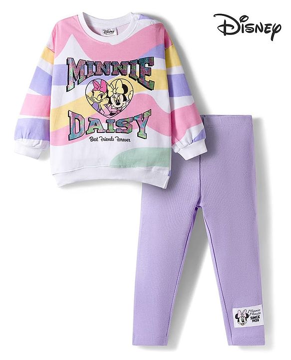 Babyhug Disney Terry Knit  Drop Shoulder Full Sleeves Sweatshirt and Leggings with Minnie & Friend Graphic Badge Detailing - Lilac