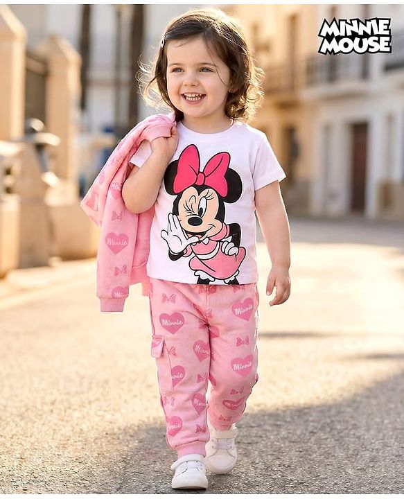 Babyhug Terry Knit Drop Shoulder Full Sleeves Hooded SweatJacket & Lounge Pant Set with T-Shirt Minnie & Friends Graphic - Pink