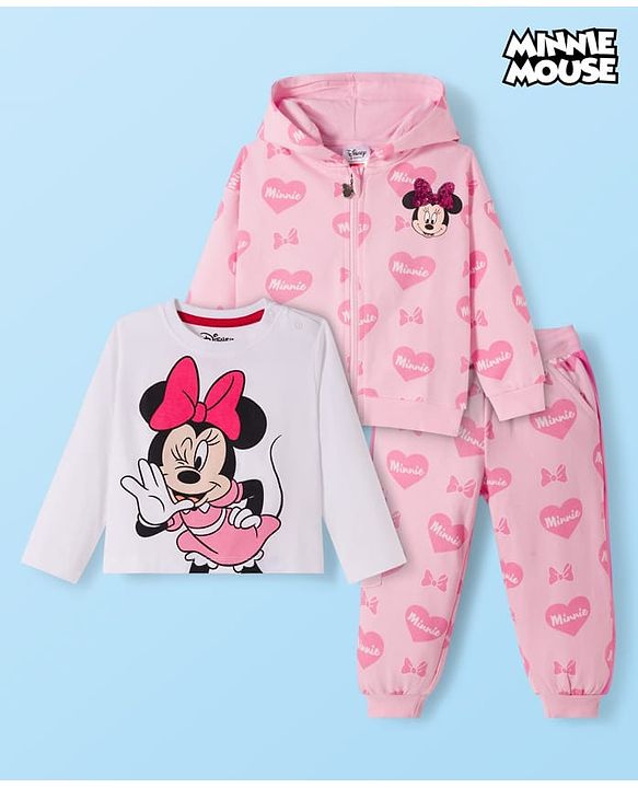 Babyhug Terry Knit Drop Shoulder Full Sleeves Hooded SweatJacket & Lounge Pant Set with T-Shirt Minnie & Friends Graphic - Pink