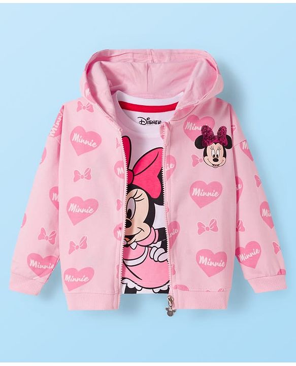 Babyhug Terry Knit Drop Shoulder Full Sleeves Hooded SweatJacket & Lounge Pant Set with T-Shirt Minnie & Friends Graphic - Pink
