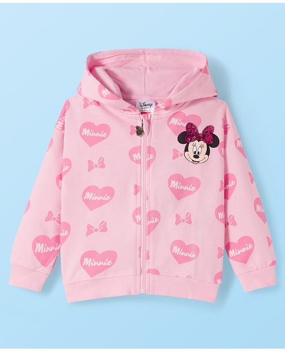Babyhug Terry Knit Drop Shoulder Full Sleeves Hooded SweatJacket & Lounge Pant Set with T-Shirt Minnie & Friends Graphic - Pink