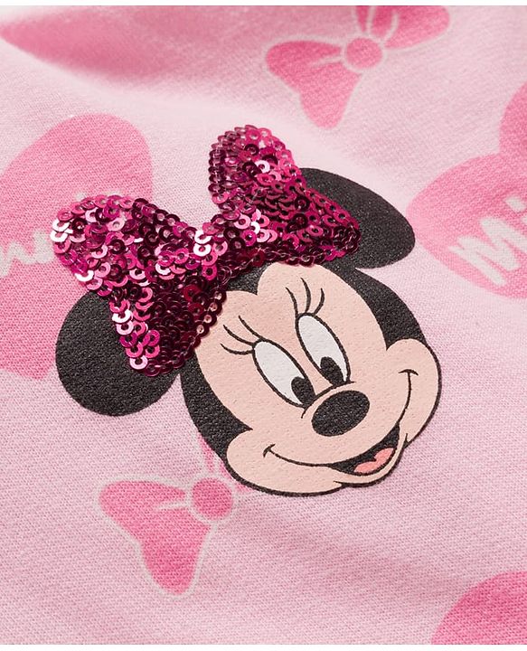Babyhug Terry Knit Drop Shoulder Full Sleeves Hooded SweatJacket & Lounge Pant Set with T-Shirt Minnie & Friends Graphic - Pink