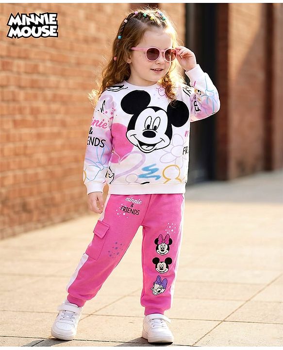 Babyhug Disney Terry Knit Drop Shoulder Full Sleeves Sweatshirt & Track Pant Set with Badge Detailing Minnie & Friends Graphic - Pink & White (Design May Vary)
