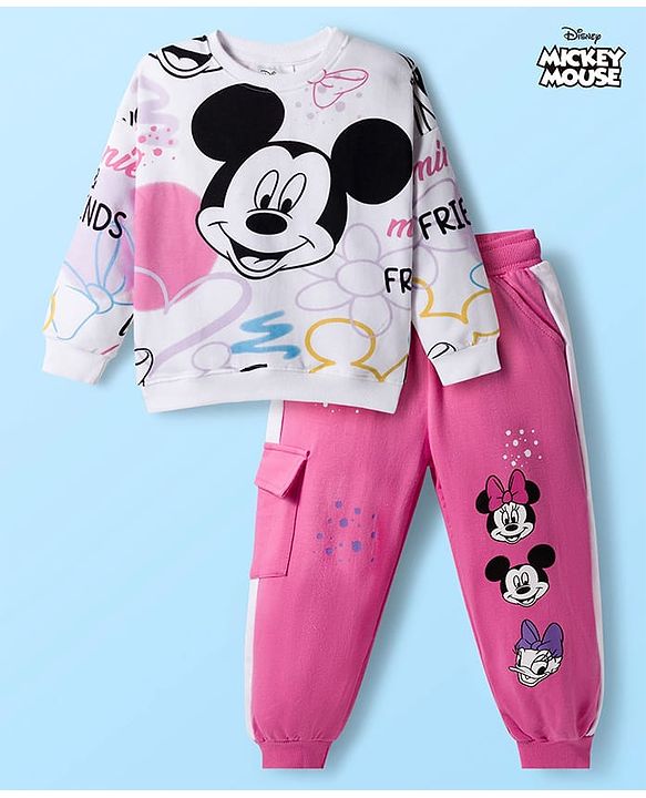 Babyhug Disney Terry Knit Drop Shoulder Full Sleeves Sweatshirt & Track Pant Set with Badge Detailing Minnie & Friends Graphic - Pink & White (Design May Vary)